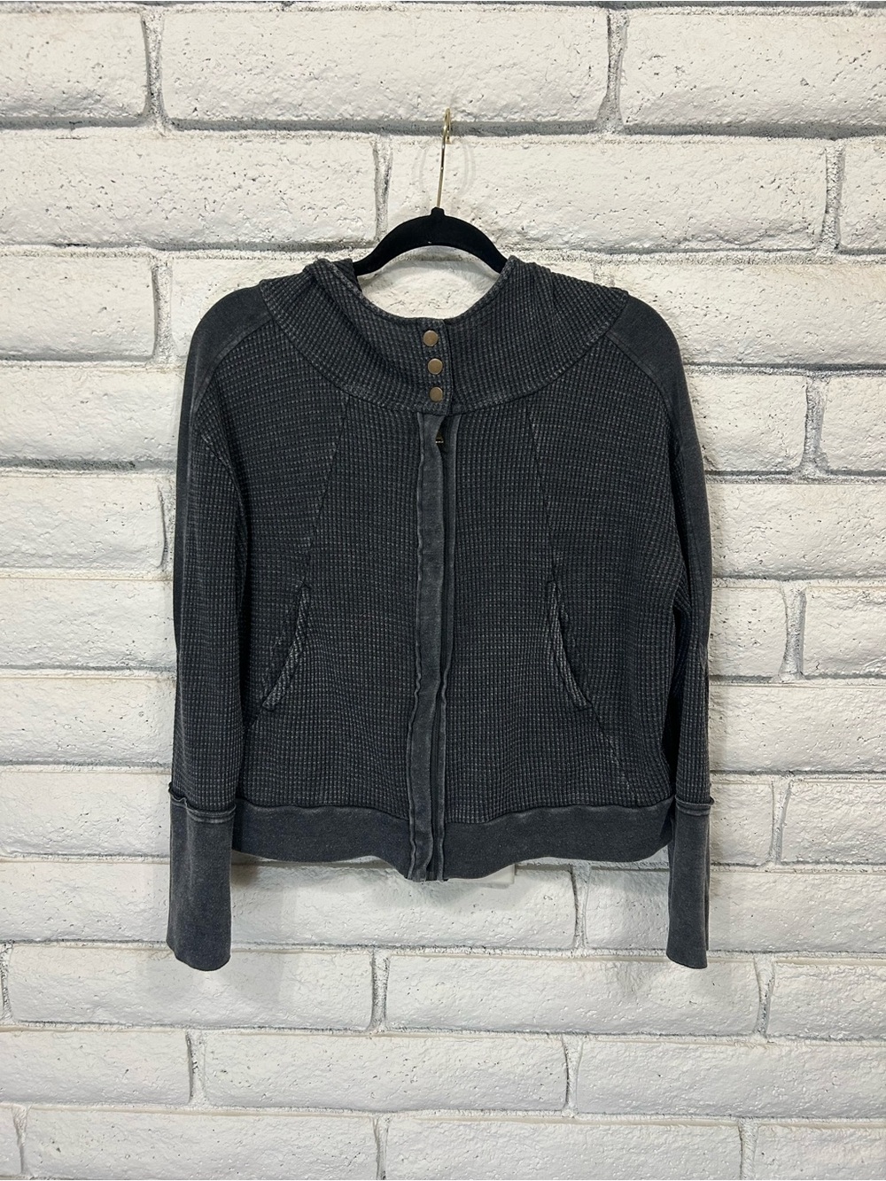 Hard Tail Women's Waffle Knit Hooded Zip‎ Jacket Charcoal Gray Thermal Hoodie